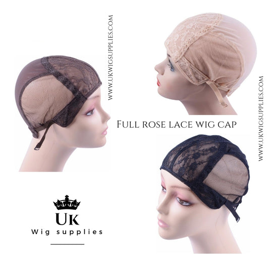 Wig caps, full cap, rose lace, adjustable, ear tabs and nape, S/M/L for wig making