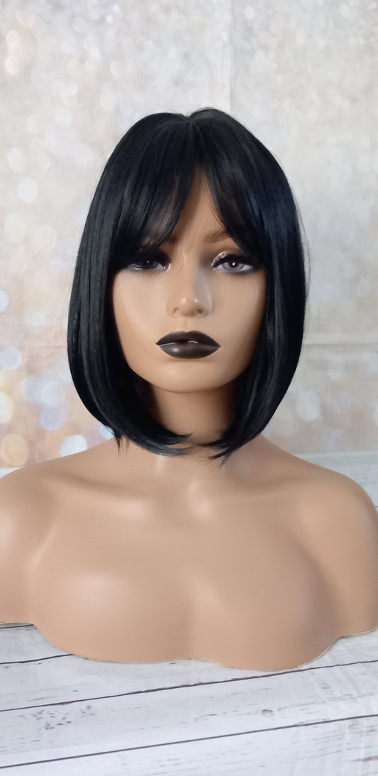 Black bob fibre wig, curtain bangs, fringe, faux scalp, Medium